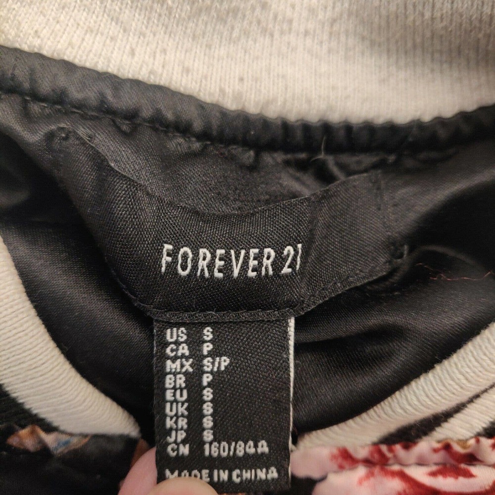 Forever 21 Women's Bomber Jacket White Black Pink Floral Size S Full Zip. - Picture 3 of 6